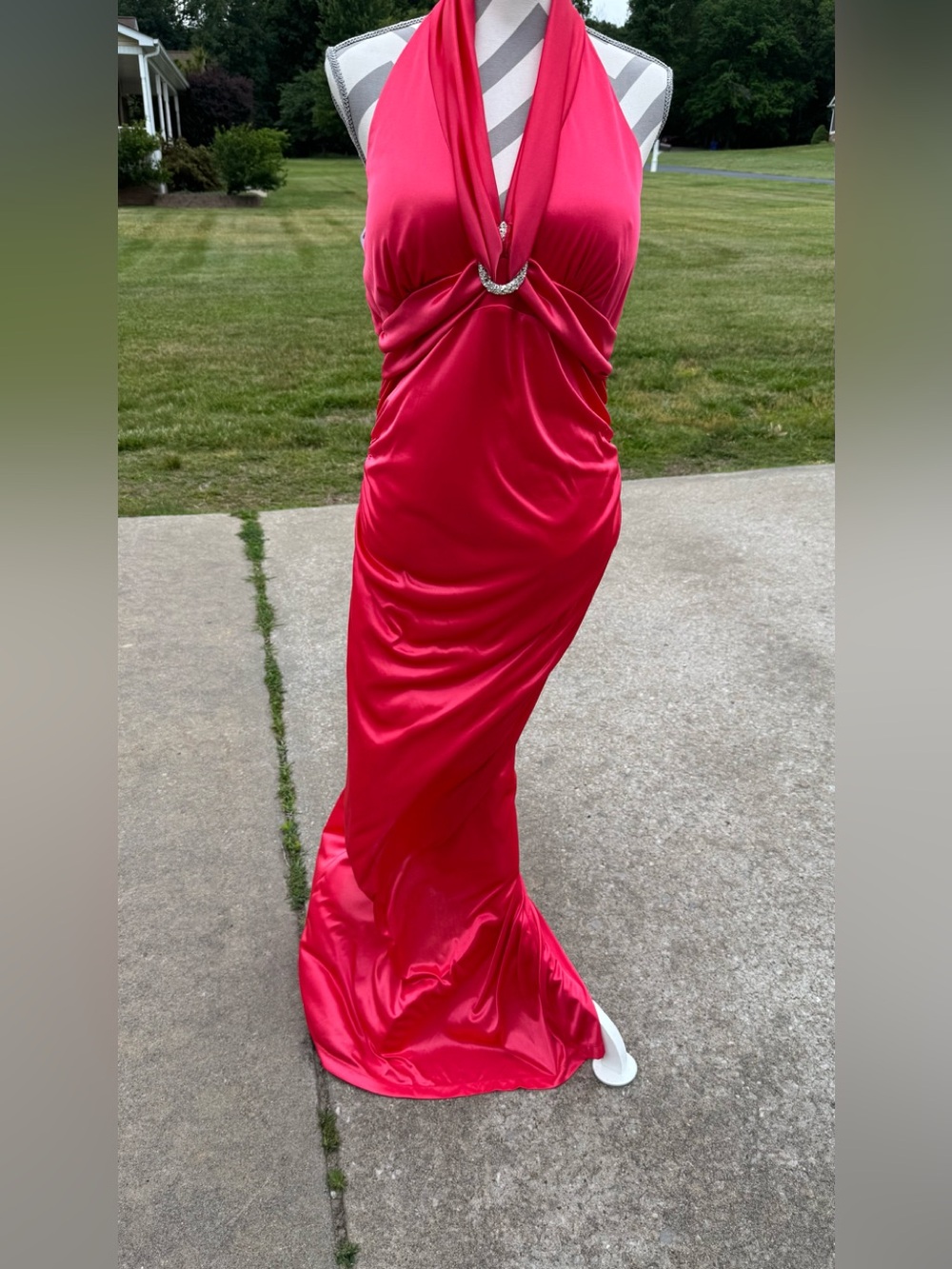 My Michelle Coral Satin Halter Prom Gown